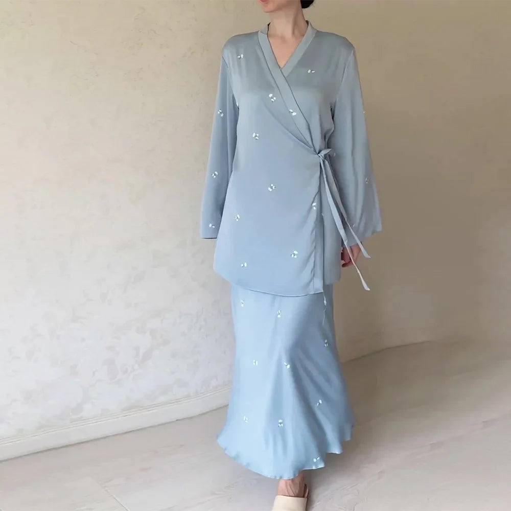 Satin Elegant Printed Blouse and Skirt Suit for Women V Neck Long Sleeve Two Piece Set Spring Workwear Ensemble