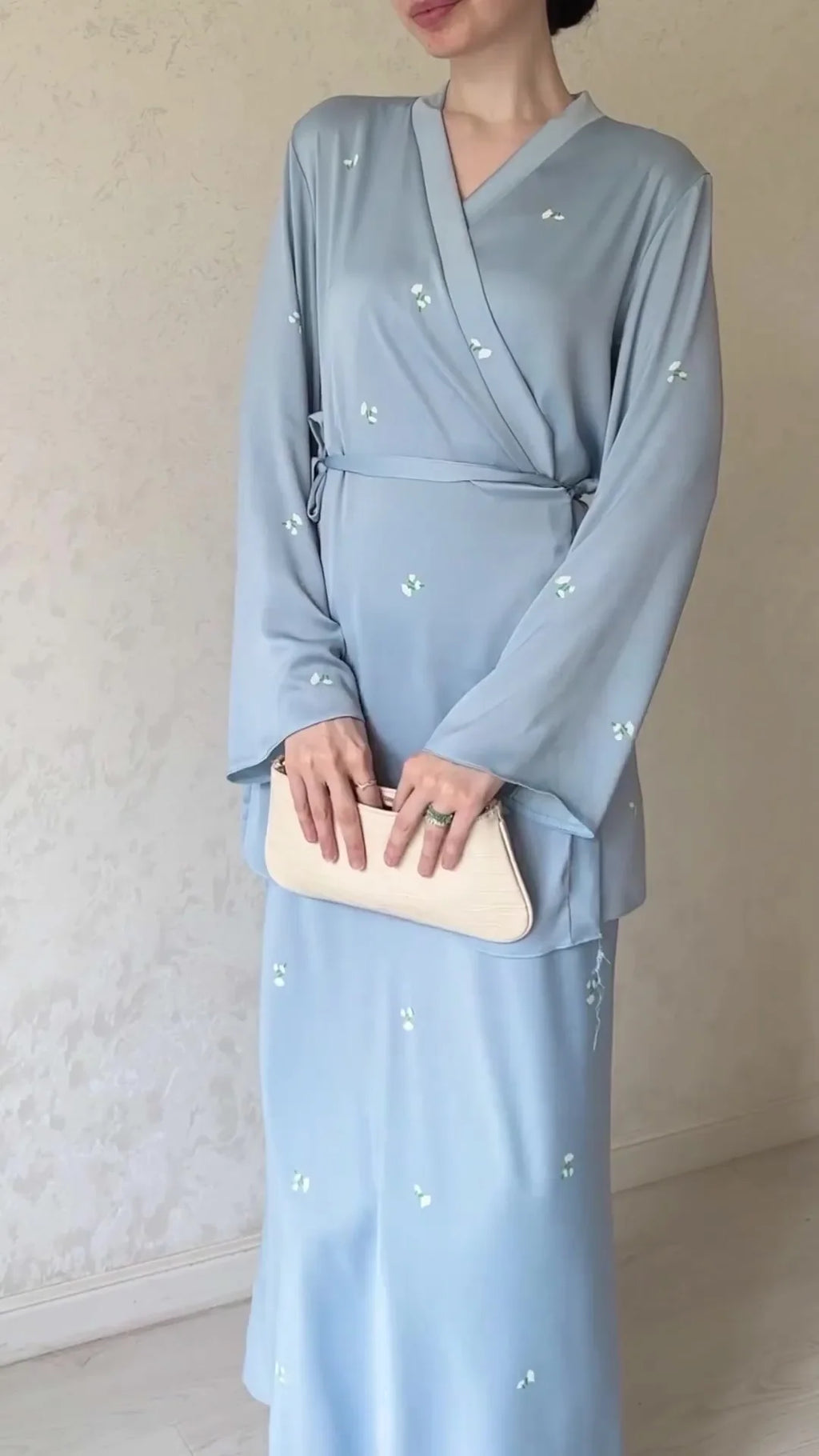 Satin Elegant Printed Blouse and Skirt Suit for Women V Neck Long Sleeve Two Piece Set Spring Workwear Ensemble