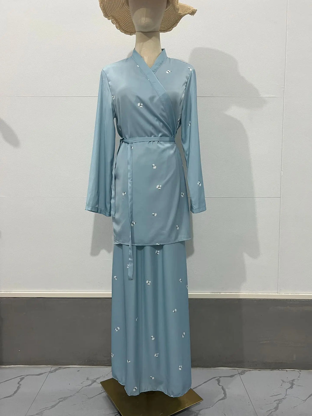 Satin Elegant Printed Blouse and Skirt Suit for Women V Neck Long Sleeve Two Piece Set Spring Workwear Ensemble