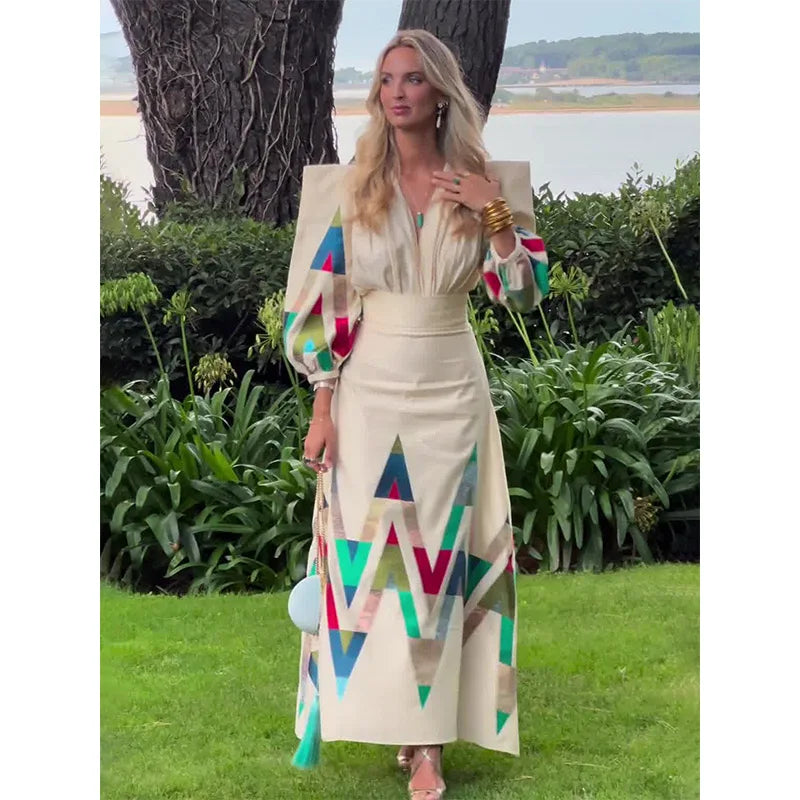 Sexy V-neck Contrast Suit Dress with Puff Sleeve Print Pleated Top and High Waist Skirt Elegant Spring Outfit for Women