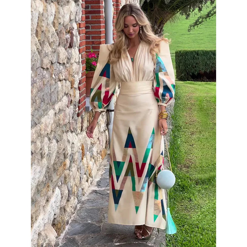 Sexy V-neck Contrast Suit Dress with Puff Sleeve Print Pleated Top and High Waist Skirt Elegant Spring Outfit for Women