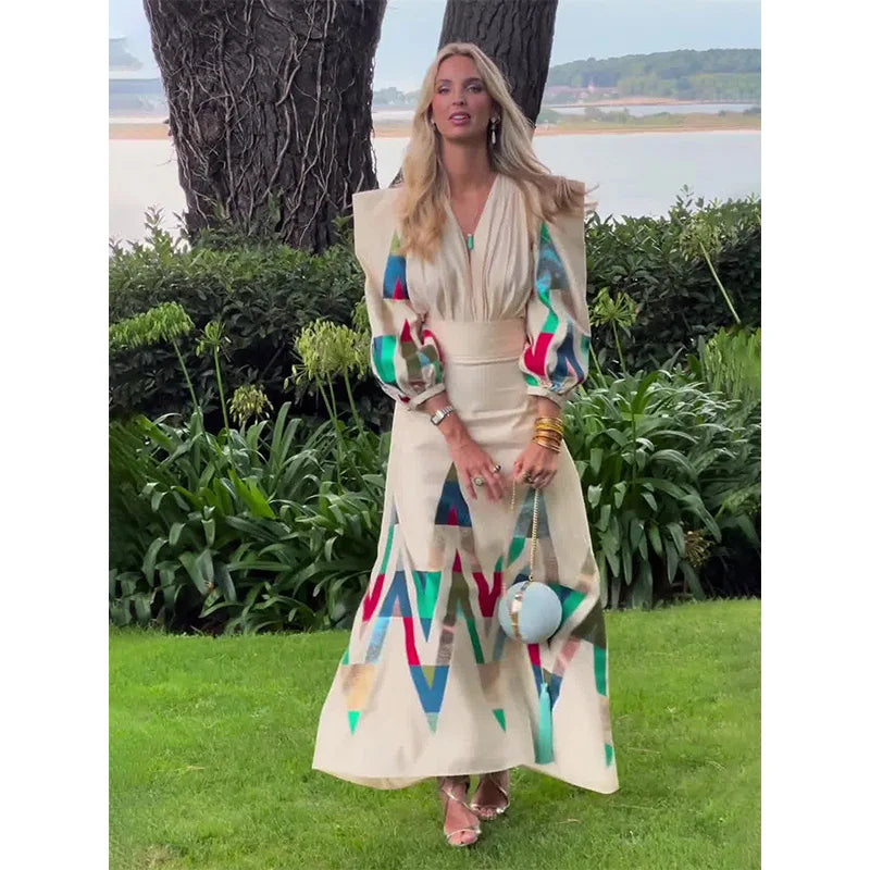 Sexy V-neck Contrast Suit Dress with Puff Sleeve Print Pleated Top and High Waist Skirt Elegant Spring Outfit for Women