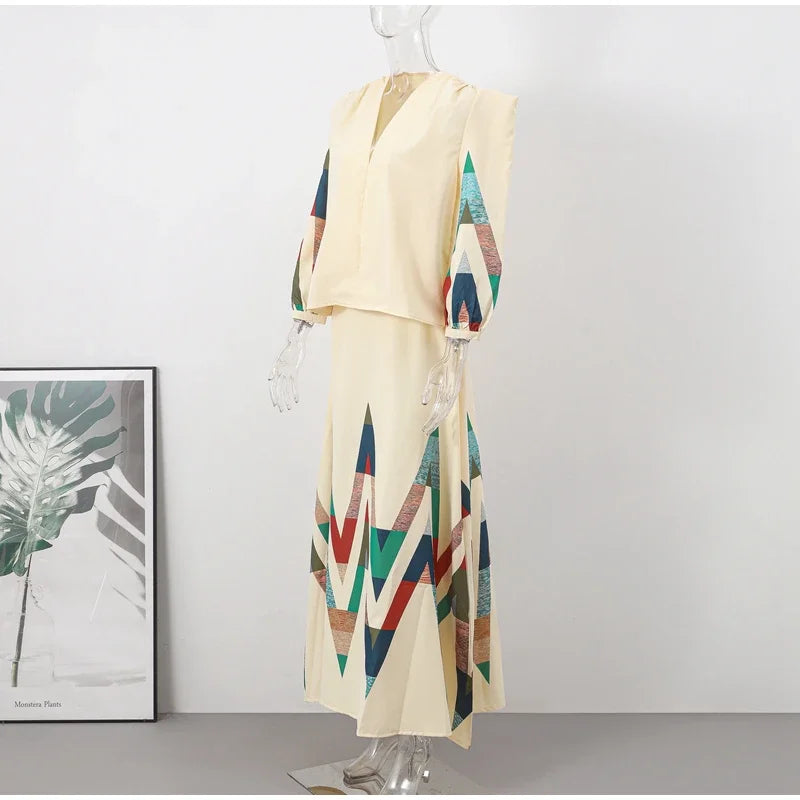 Sexy V-neck Contrast Suit Dress with Puff Sleeve Print Pleated Top and High Waist Skirt Elegant Spring Outfit for Women