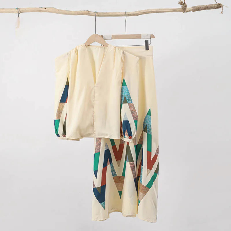 Sexy V-neck Contrast Suit Dress with Puff Sleeve Print Pleated Top and High Waist Skirt Elegant Spring Outfit for Women