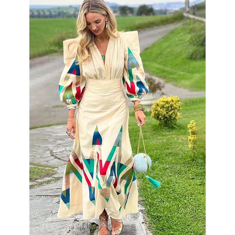 Sexy V-neck Contrast Suit Dress with Puff Sleeve Print Pleated Top and High Waist Skirt Elegant Spring Outfit for Women