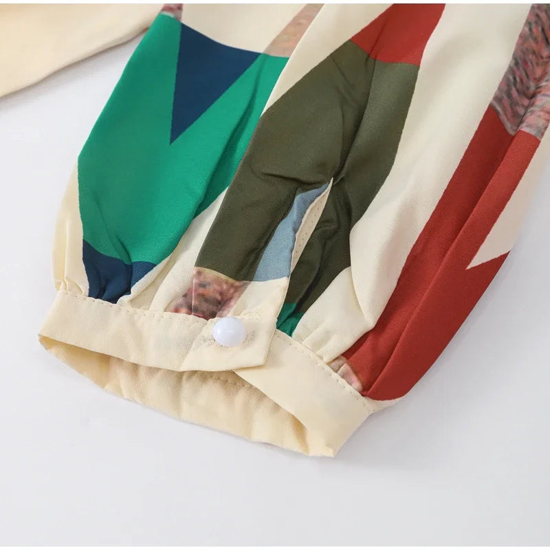 Sexy V-neck Contrast Suit Dress with Puff Sleeve Print Pleated Top and High Waist Skirt Elegant Spring Outfit for Women