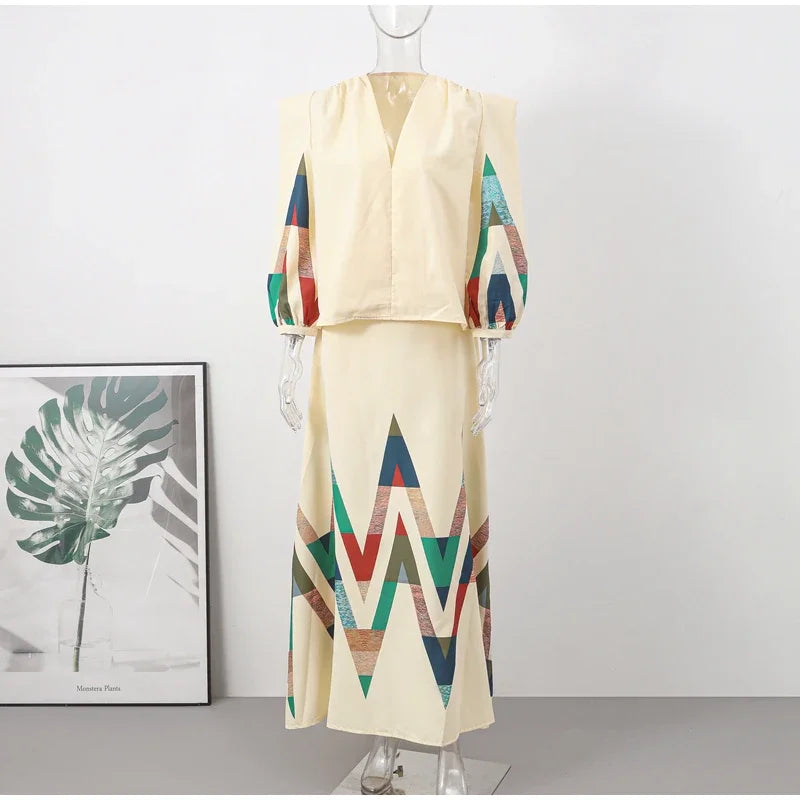 Sexy V-neck Contrast Suit Dress with Puff Sleeve Print Pleated Top and High Waist Skirt Elegant Spring Outfit for Women