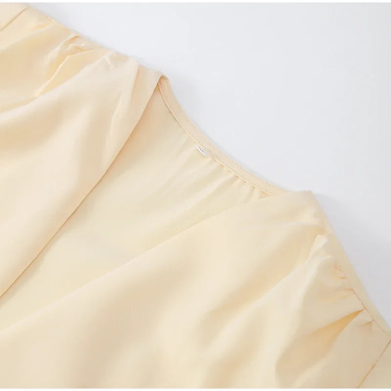 Sexy V-neck Contrast Suit Dress with Puff Sleeve Print Pleated Top and High Waist Skirt Elegant Spring Outfit for Women