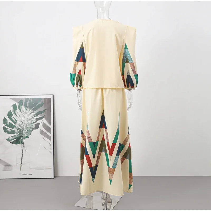 Sexy V-neck Contrast Suit Dress with Puff Sleeve Print Pleated Top and High Waist Skirt Elegant Spring Outfit for Women