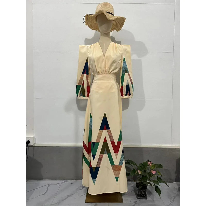 Sexy V-neck Contrast Suit Dress with Puff Sleeve Print Pleated Top and High Waist Skirt Elegant Spring Outfit for Women