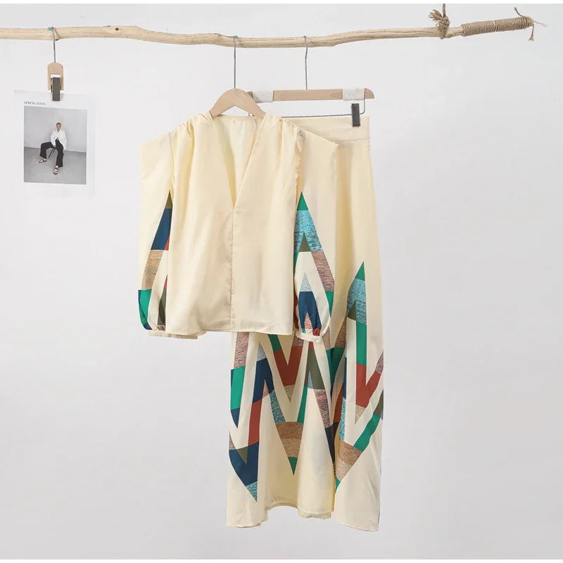 Sexy V-neck Contrast Suit Dress with Puff Sleeve Print Pleated Top and High Waist Skirt Elegant Spring Outfit for Women