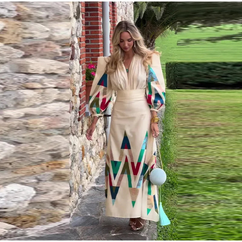 Sexy V-neck Contrast Suit Dress with Puff Sleeve Print Pleated Top and High Waist Skirt Elegant Spring Outfit for Women