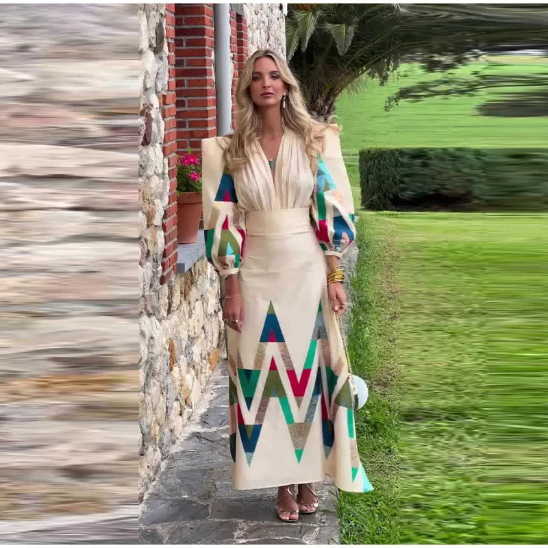 Sexy V-neck Contrast Suit Dress with Puff Sleeve Print Pleated Top and High Waist Skirt Elegant Spring Outfit for Women