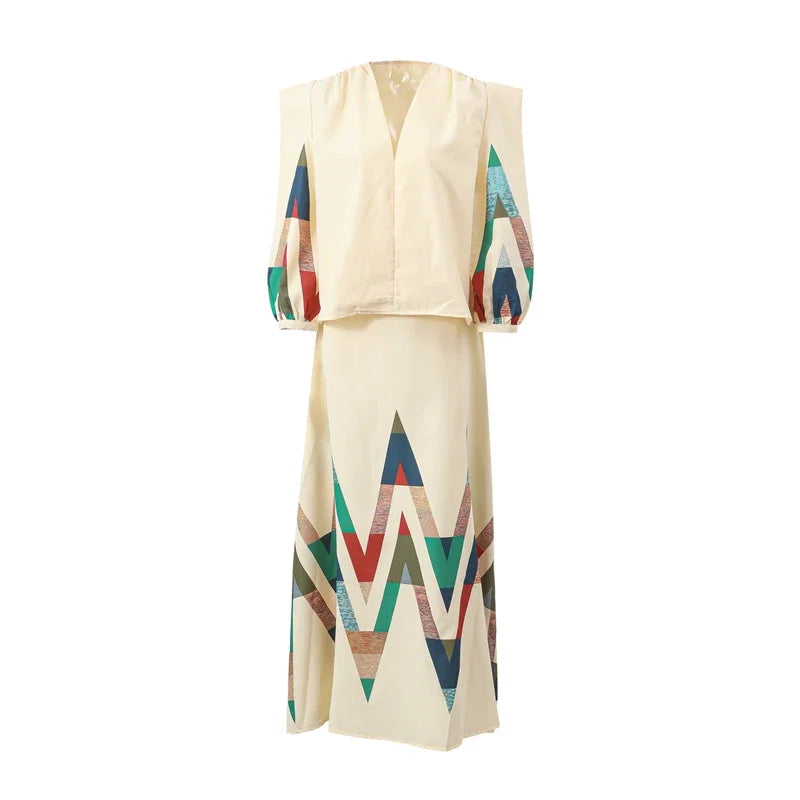 Sexy V-neck Contrast Suit Dress with Puff Sleeve Print Pleated Top and High Waist Skirt Elegant Spring Outfit for Women