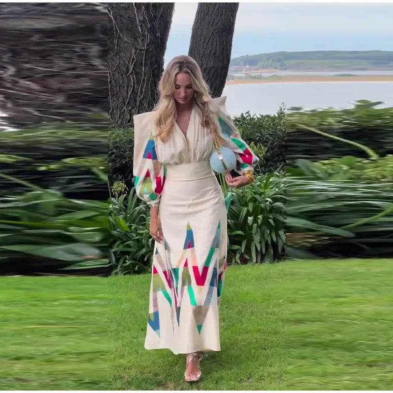 Sexy V-neck Contrast Suit Dress with Puff Sleeve Print Pleated Top and High Waist Skirt Elegant Spring Outfit for Women