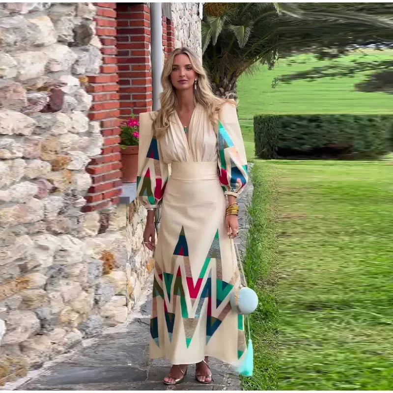 Sexy V-neck Contrast Suit Dress with Puff Sleeve Print Pleated Top and High Waist Skirt Elegant Spring Outfit for Women