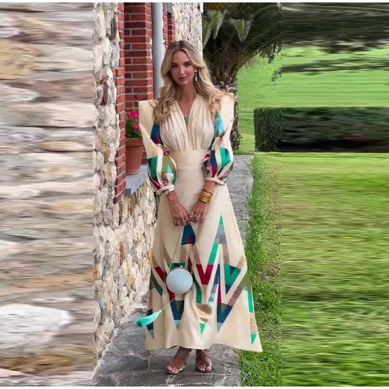 Sexy V-neck Contrast Suit Dress with Puff Sleeve Print Pleated Top and High Waist Skirt Elegant Spring Outfit for Women