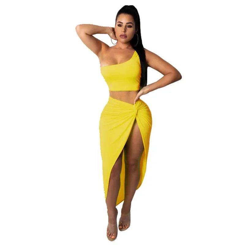 Sexy Summer Women Two Piece Set One Shoulder Sleeveless Crop Top with High Waist Side Slit Pleated Skirt Matching Streetwear Outfit