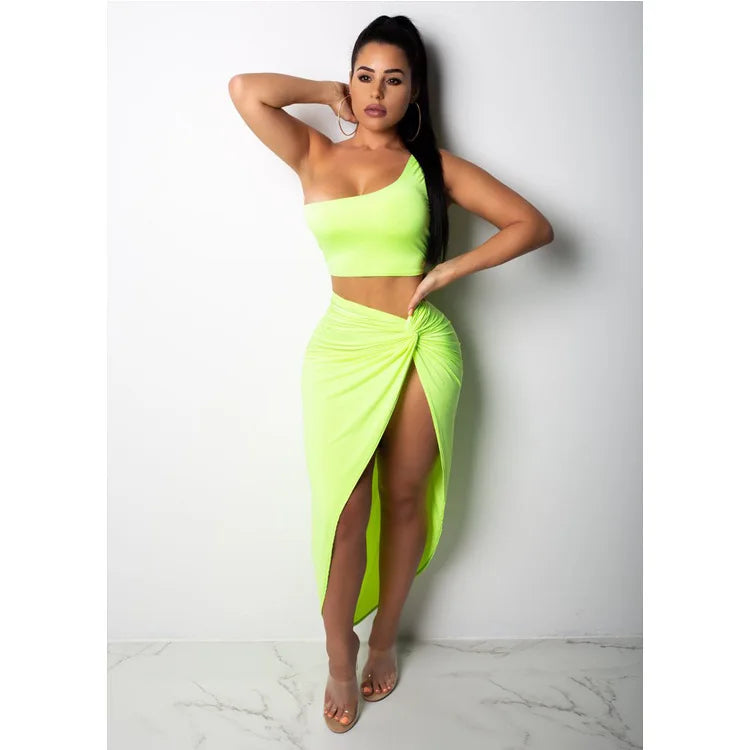 Sexy Summer Women Two Piece Set One Shoulder Sleeveless Crop Top with High Waist Side Slit Pleated Skirt Matching Streetwear Outfit