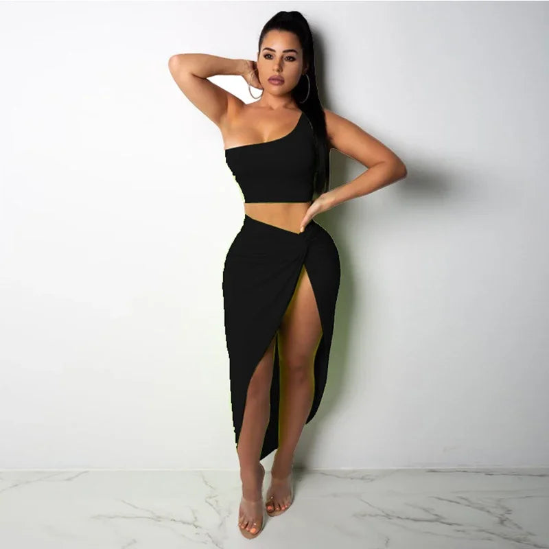 Sexy Summer Women Two Piece Set One Shoulder Sleeveless Crop Top with High Waist Side Slit Pleated Skirt Matching Streetwear Outfit