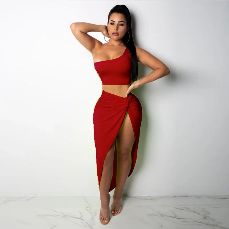 Sexy Summer Women Two Piece Set One Shoulder Sleeveless Crop Top with High Waist Side Slit Pleated Skirt Matching Streetwear Outfit