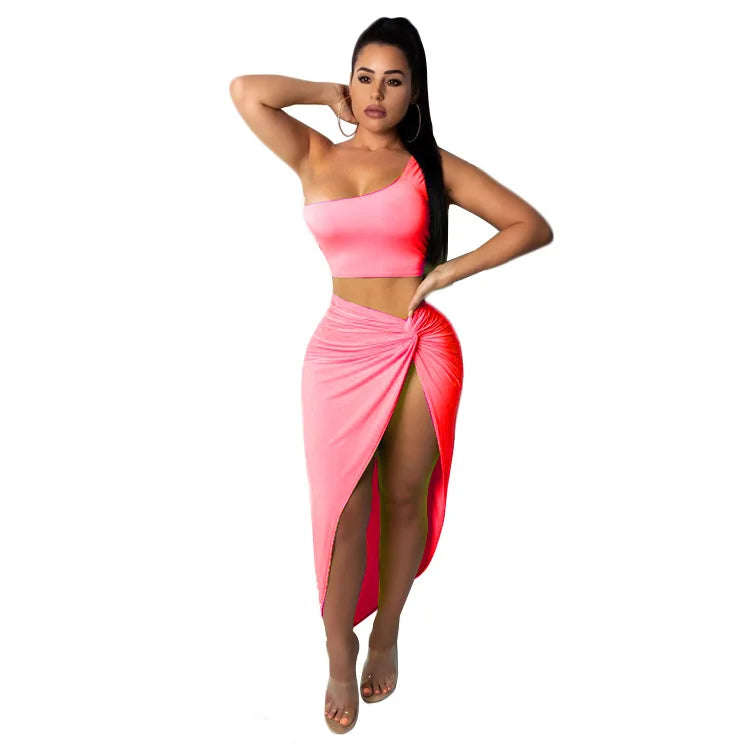 Sexy Summer Women Two Piece Set One Shoulder Sleeveless Crop Top with High Waist Side Slit Pleated Skirt Matching Streetwear Outfit