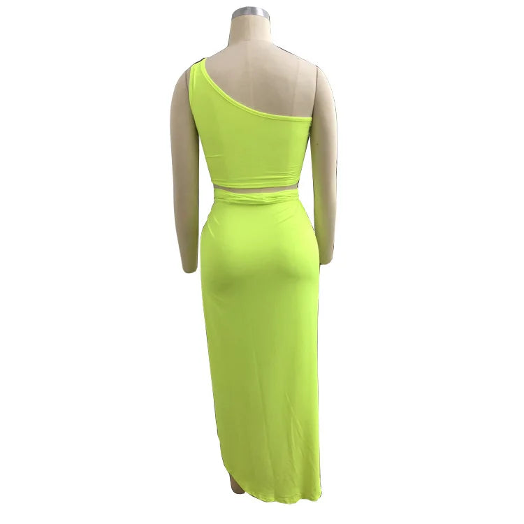 Sexy Summer Women Two Piece Set One Shoulder Sleeveless Crop Top with High Waist Side Slit Pleated Skirt Matching Streetwear Outfit