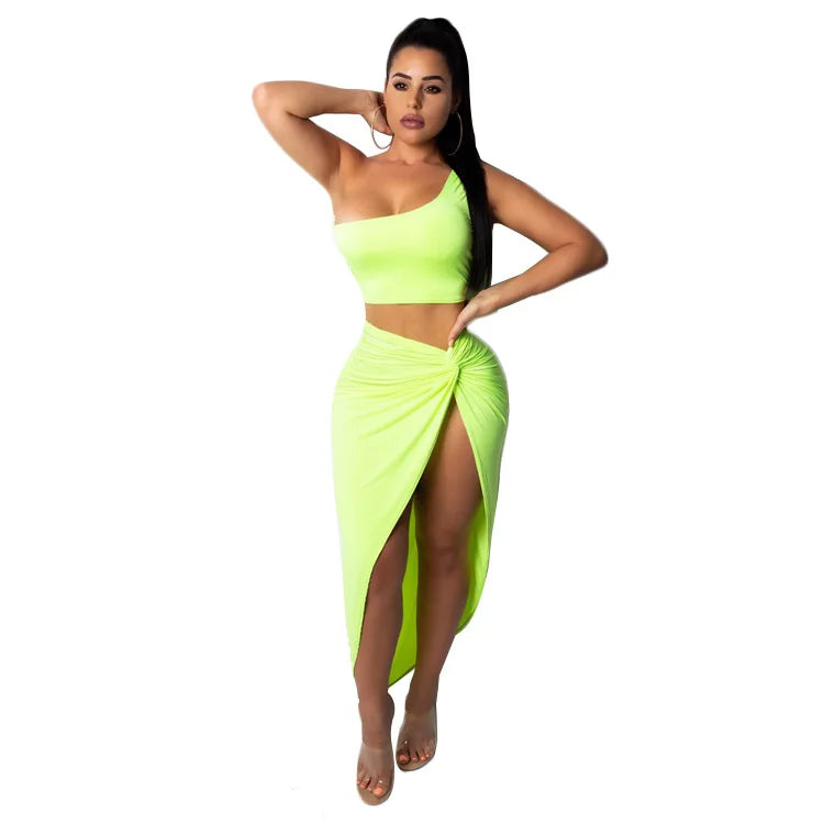 Sexy Summer Women Two Piece Set One Shoulder Sleeveless Crop Top with High Waist Side Slit Pleated Skirt Matching Streetwear Outfit