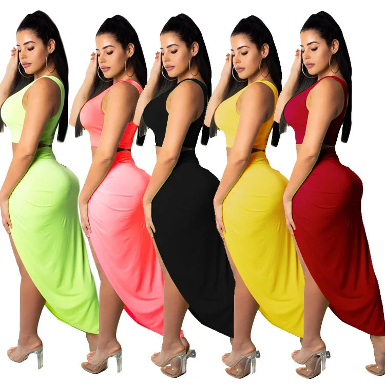 Sexy Summer Women Two Piece Set One Shoulder Sleeveless Crop Top with High Waist Side Slit Pleated Skirt Matching Streetwear Outfit