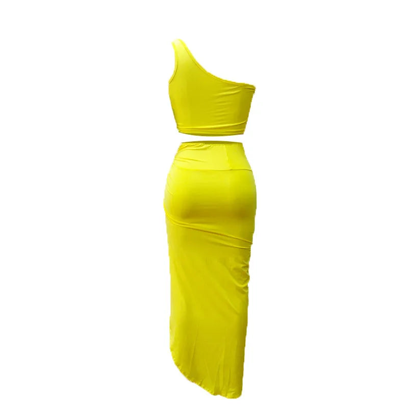 Sexy Summer Women Two Piece Set One Shoulder Sleeveless Crop Top with High Waist Side Slit Pleated Skirt Matching Streetwear Outfit