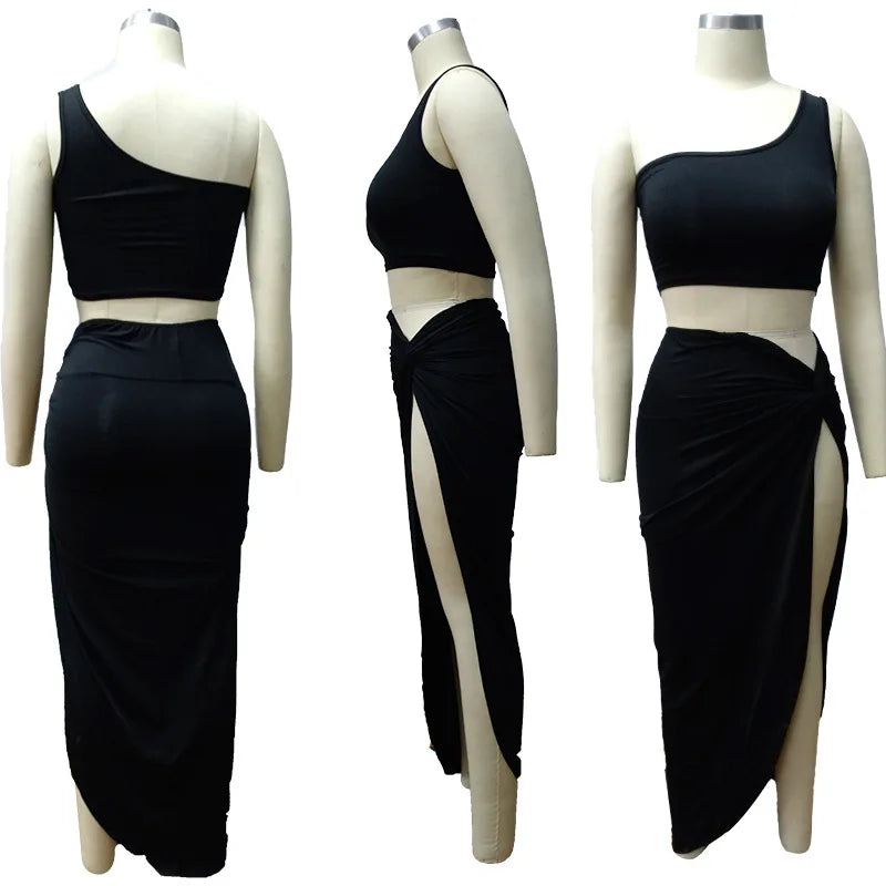 Sexy Summer Women Two Piece Set One Shoulder Sleeveless Crop Top with High Waist Side Slit Pleated Skirt Matching Streetwear Outfit