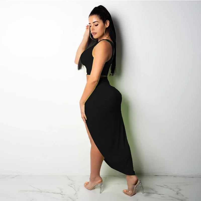 Sexy Summer Women Two Piece Set One Shoulder Sleeveless Crop Top with High Waist Side Slit Pleated Skirt Matching Streetwear Outfit