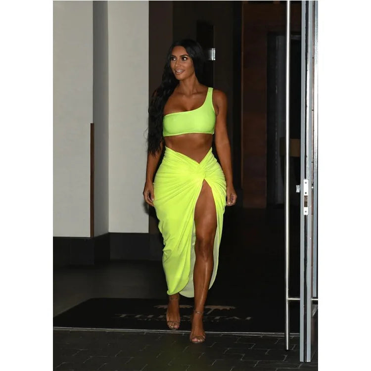 Sexy Summer Women Two Piece Set One Shoulder Sleeveless Crop Top with High Waist Side Slit Pleated Skirt Matching Streetwear Outfit
