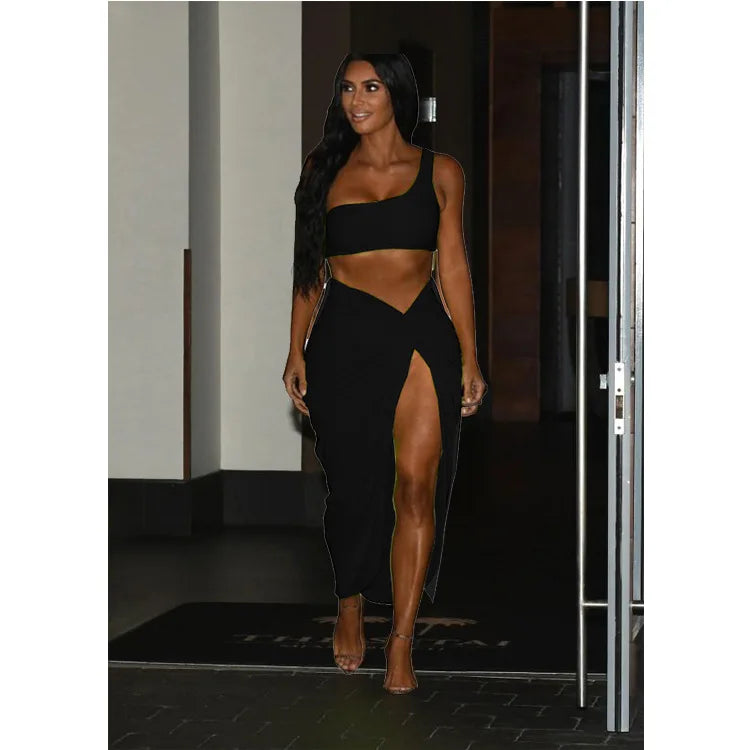 Sexy Summer Women Two Piece Set One Shoulder Sleeveless Crop Top with High Waist Side Slit Pleated Skirt Matching Streetwear Outfit