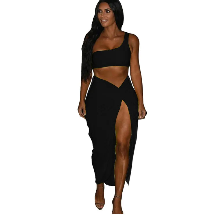 Sexy Summer Women Two Piece Set One Shoulder Sleeveless Crop Top with High Waist Side Slit Pleated Skirt Matching Streetwear Outfit