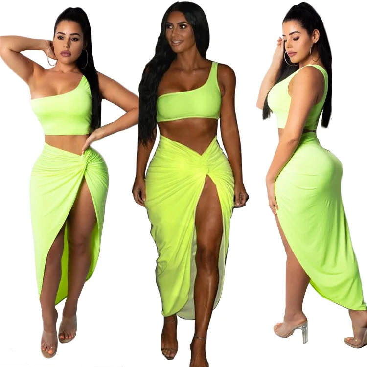 Sexy Summer Women Two Piece Set One Shoulder Sleeveless Crop Top with High Waist Side Slit Pleated Skirt Matching Streetwear Outfit
