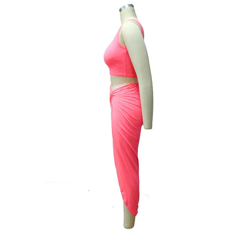 Sexy Summer Women Two Piece Set One Shoulder Sleeveless Crop Top with High Waist Side Slit Pleated Skirt Matching Streetwear Outfit