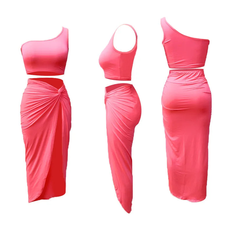 Sexy Summer Women Two Piece Set One Shoulder Sleeveless Crop Top with High Waist Side Slit Pleated Skirt Matching Streetwear Outfit