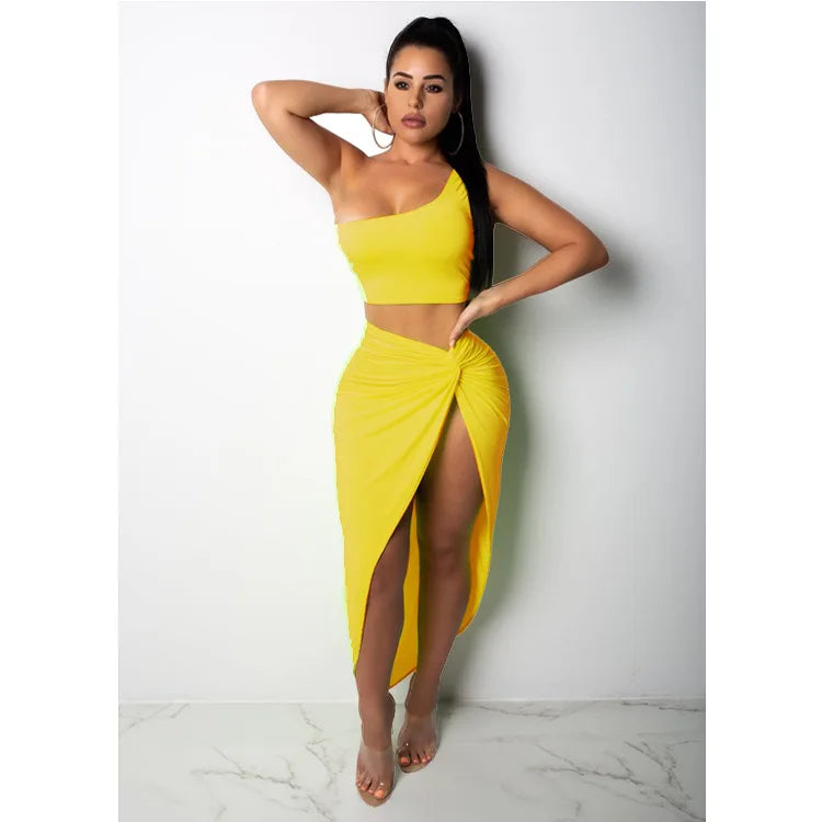 Sexy Summer Women Two Piece Set One Shoulder Sleeveless Crop Top with High Waist Side Slit Pleated Skirt Matching Streetwear Outfit