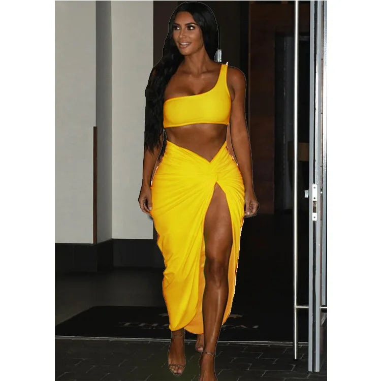 Sexy Summer Women Two Piece Set One Shoulder Sleeveless Crop Top with High Waist Side Slit Pleated Skirt Matching Streetwear Outfit