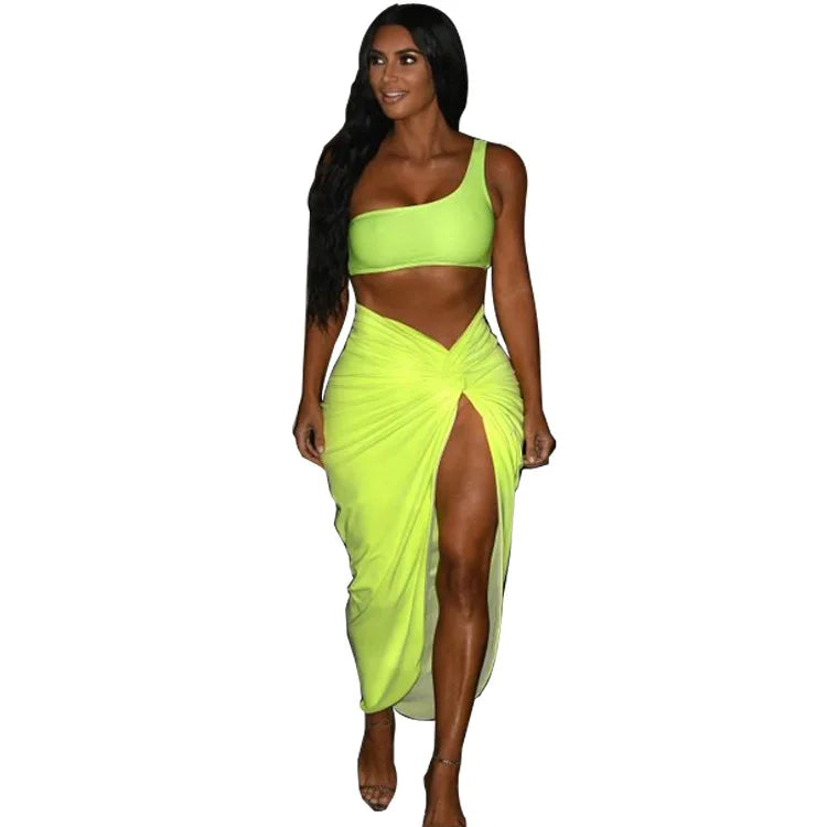 Sexy Summer Women Two Piece Set One Shoulder Sleeveless Crop Top with High Waist Side Slit Pleated Skirt Matching Streetwear Outfit