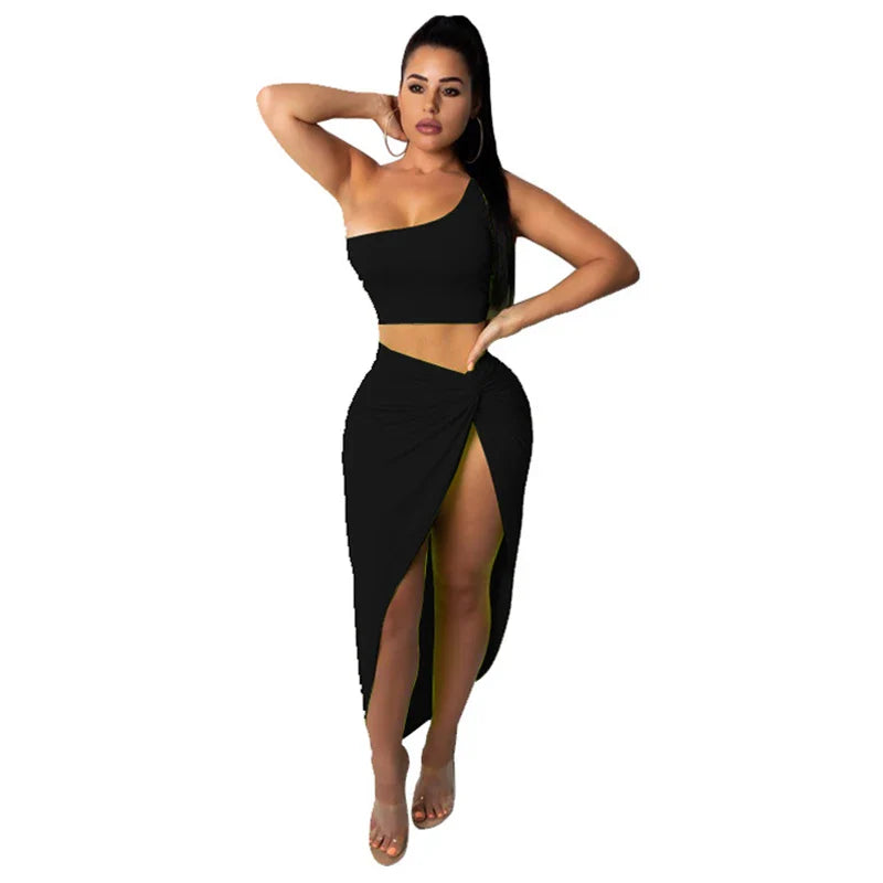 Sexy Summer Women Two Piece Set One Shoulder Sleeveless Crop Top with High Waist Side Slit Pleated Skirt Matching Streetwear Outfit