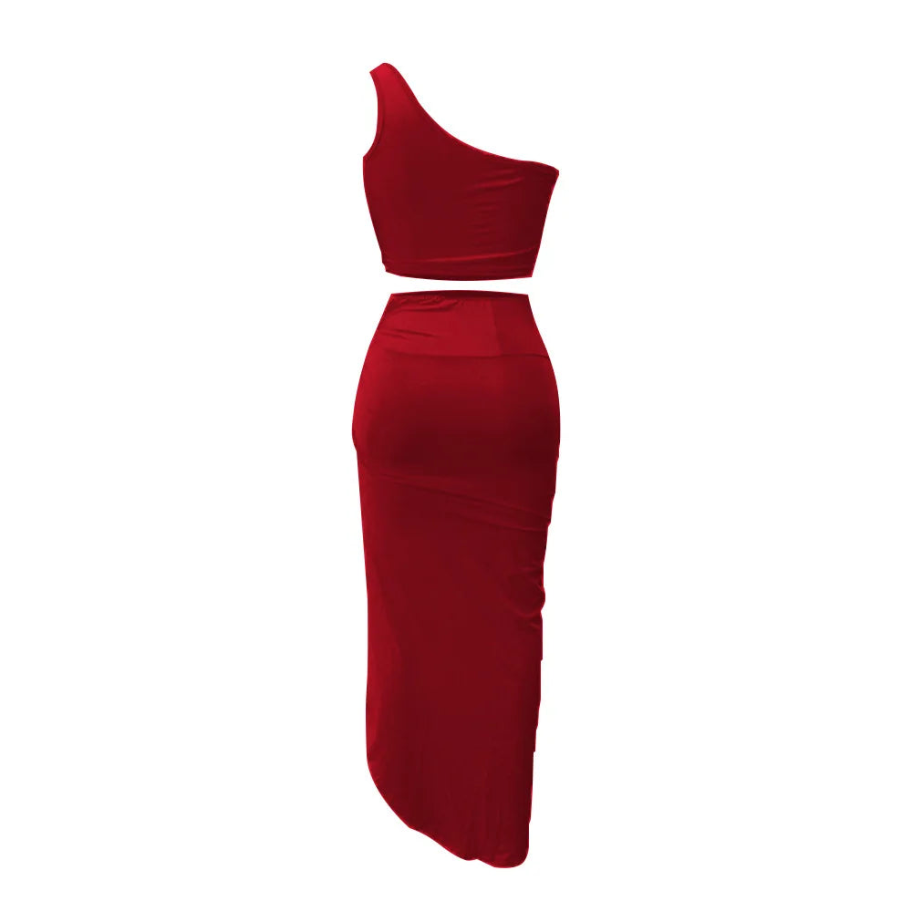 Sexy Summer Women Two Piece Set One Shoulder Sleeveless Crop Top with High Waist Side Slit Pleated Skirt Matching Streetwear Outfit