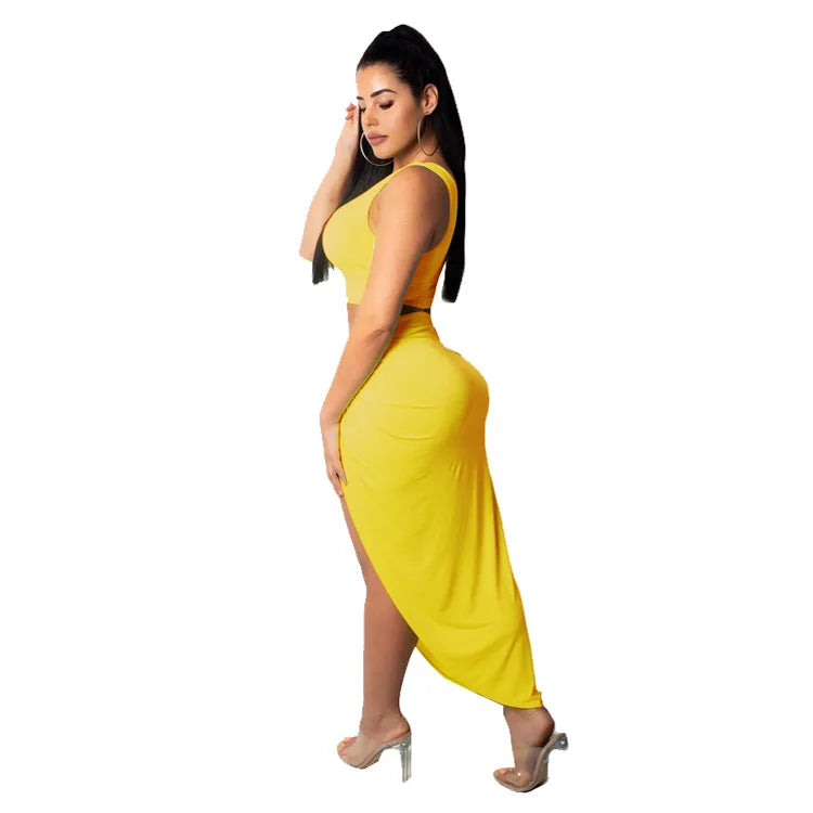 Sexy Summer Women Two Piece Set One Shoulder Sleeveless Crop Top with High Waist Side Slit Pleated Skirt Matching Streetwear Outfit