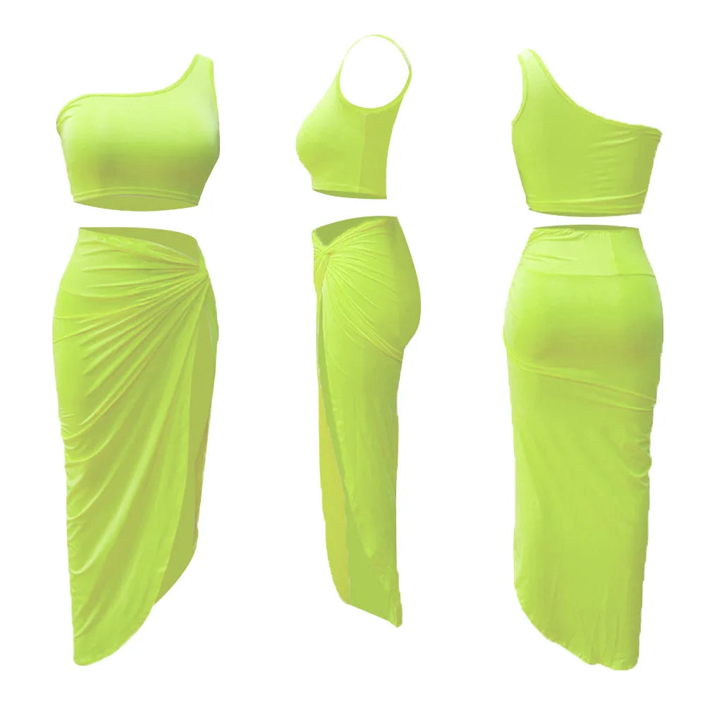 Sexy Summer Women Two Piece Set One Shoulder Sleeveless Crop Top with High Waist Side Slit Pleated Skirt Matching Streetwear Outfit