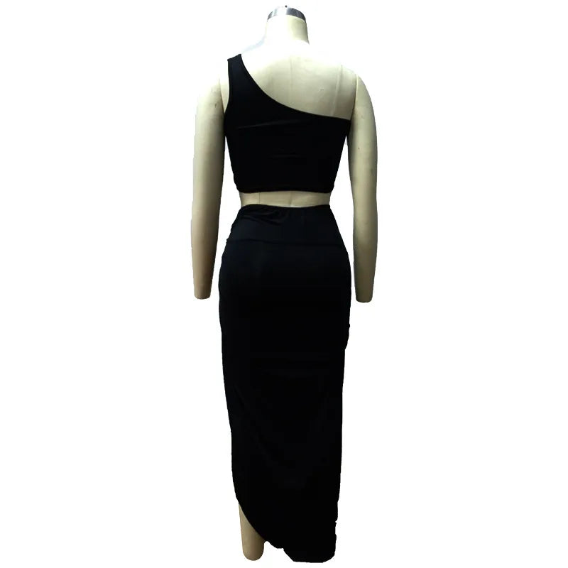 Sexy Summer Women Two Piece Set One Shoulder Sleeveless Crop Top with High Waist Side Slit Pleated Skirt Matching Streetwear Outfit