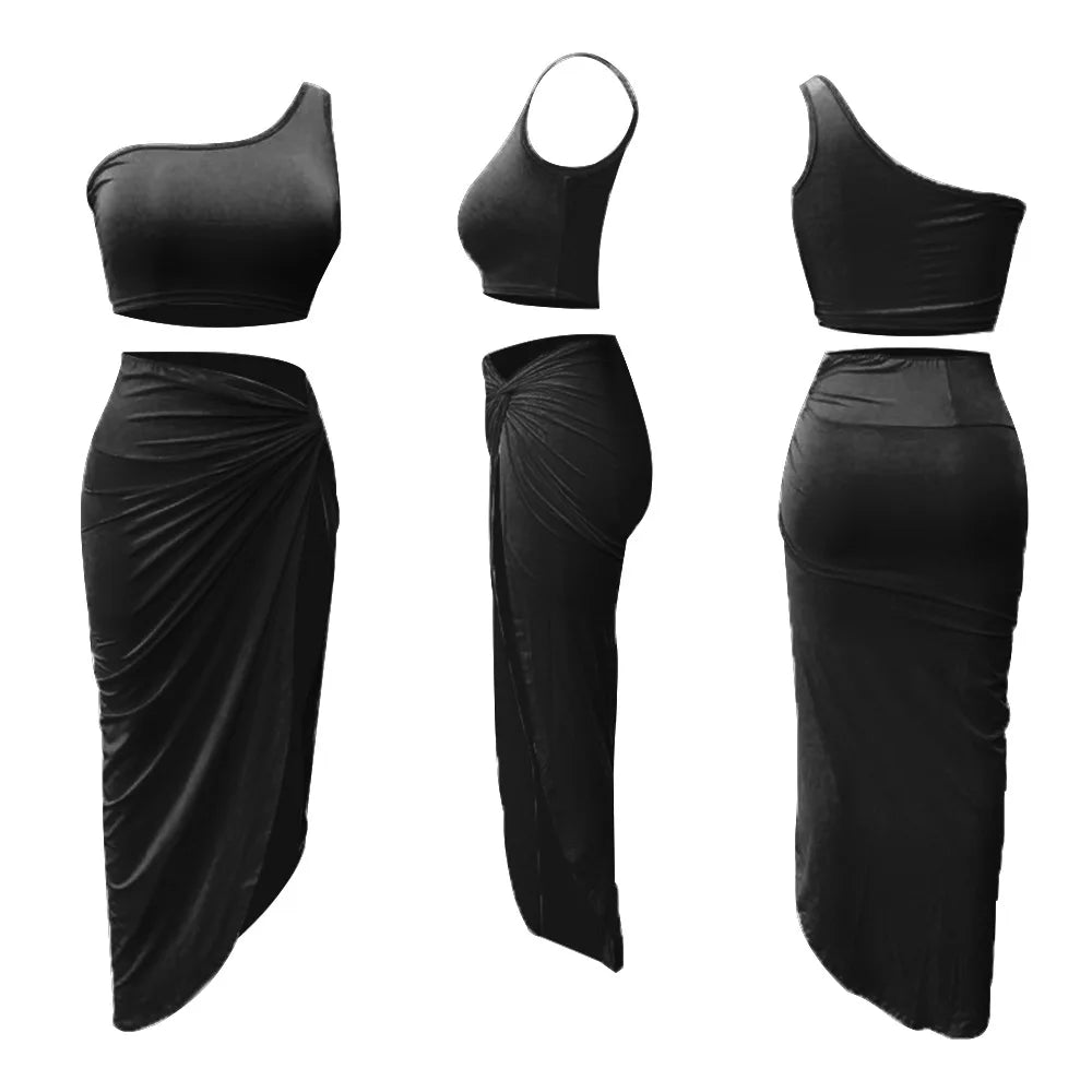 Sexy Summer Women Two Piece Set One Shoulder Sleeveless Crop Top with High Waist Side Slit Pleated Skirt Matching Streetwear Outfit