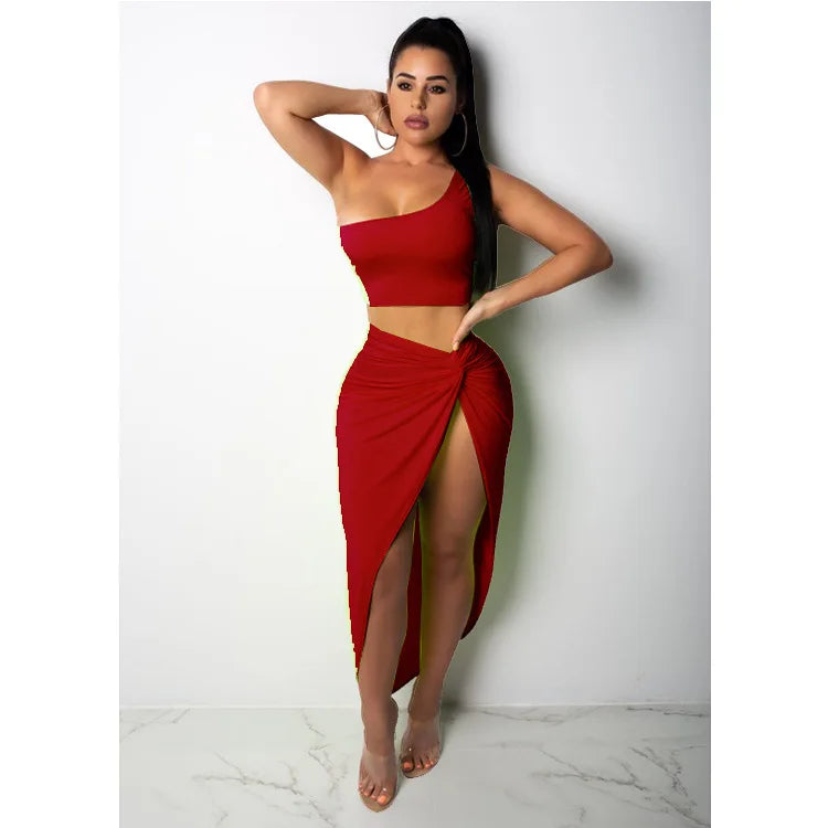 Sexy Summer Women Two Piece Set One Shoulder Sleeveless Crop Top with High Waist Side Slit Pleated Skirt Matching Streetwear Outfit