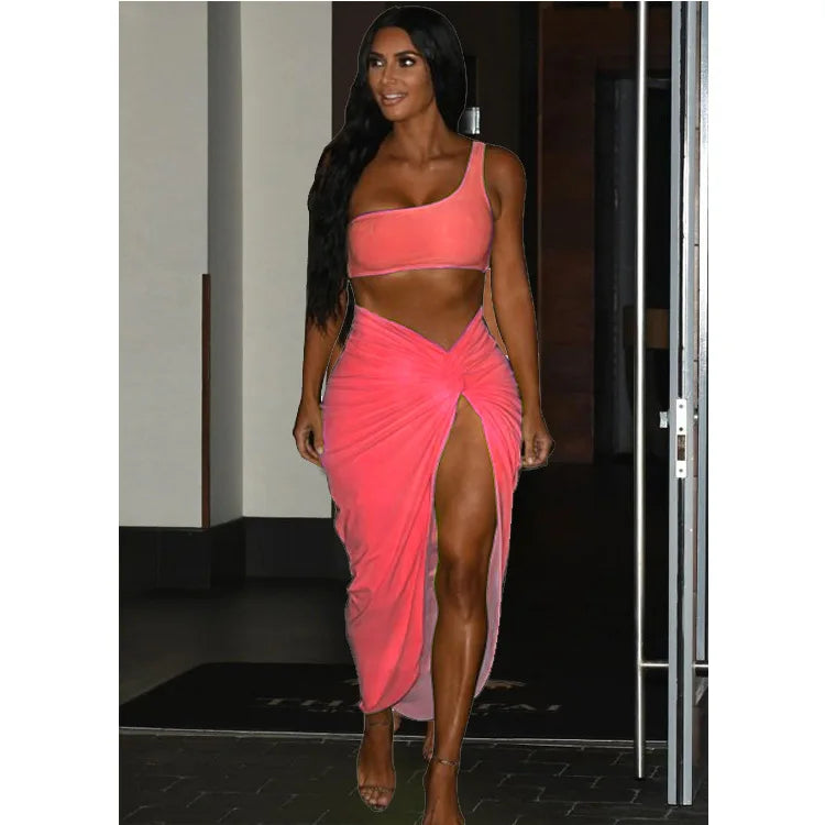 Sexy Summer Women Two Piece Set One Shoulder Sleeveless Crop Top with High Waist Side Slit Pleated Skirt Matching Streetwear Outfit