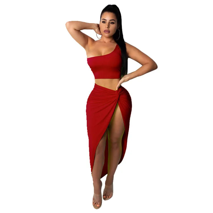 Sexy Summer Women Two Piece Set One Shoulder Sleeveless Crop Top with High Waist Side Slit Pleated Skirt Matching Streetwear Outfit